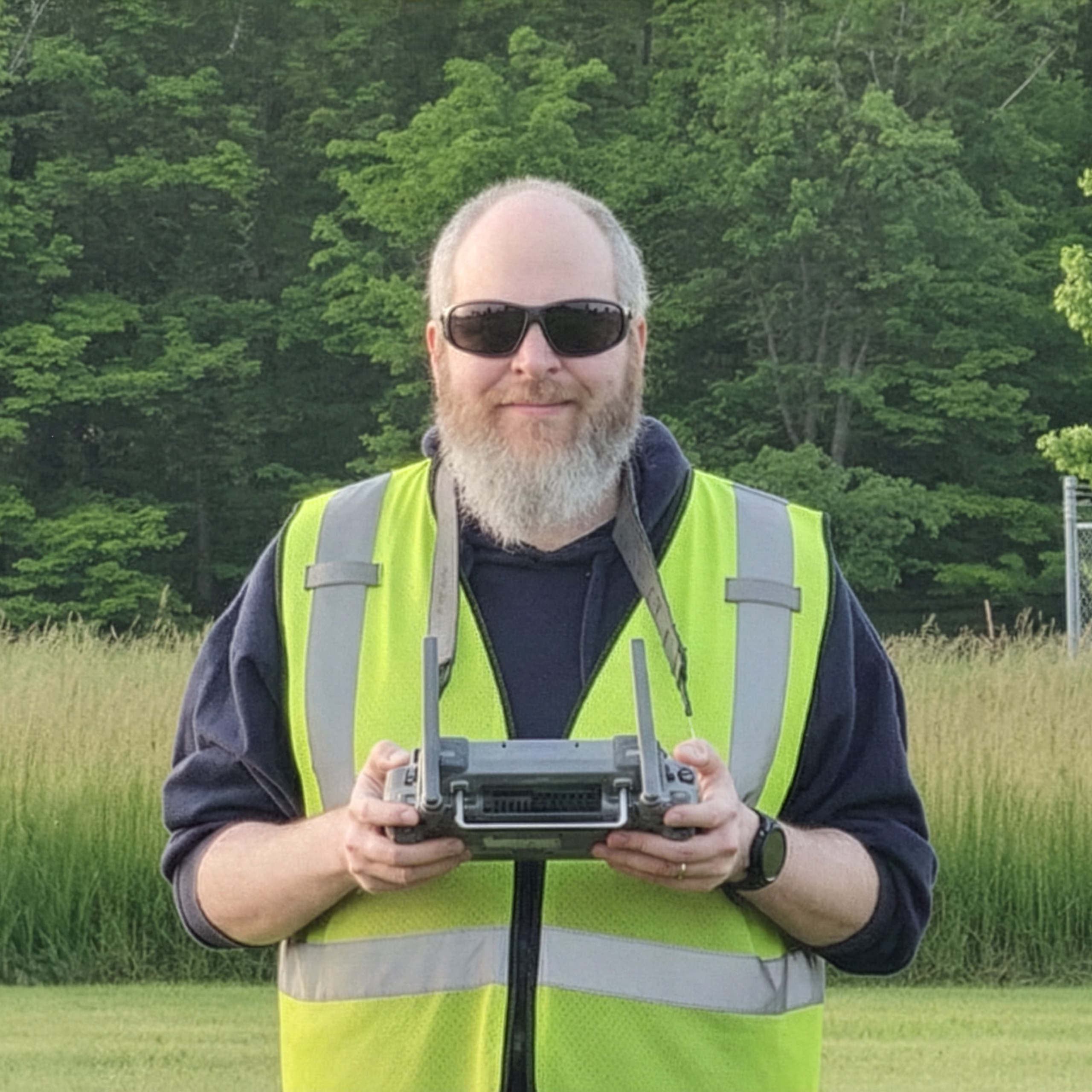 Jason Rister, FAA Part 107 certified drone pilot and founder of Strategic Air Captures in Cortland, Ohio, operating a drone controller.